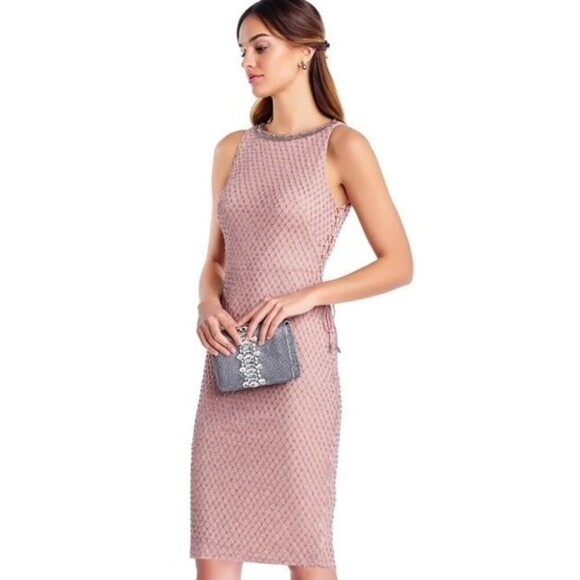 ADRIANNA PAPELL Rose Gold Beaded Formal Dress 16 Adorned Sides Midi Mesh Gown - Picture 1 of 16